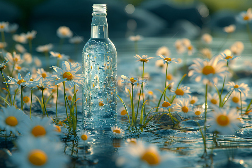 水瓶和水面的洋甘菊图片