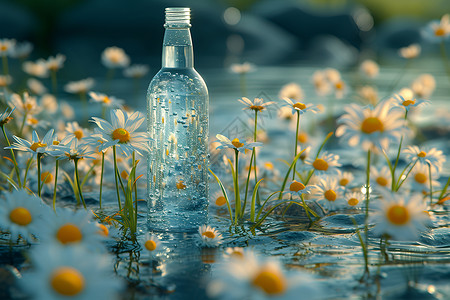 水瓶和水面的洋甘菊背景图片