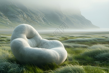 白色岩石绿草地中的白色雕塑插画