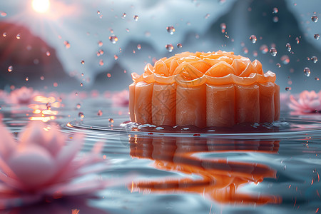 水中漂浮着花朵月饼背景图片