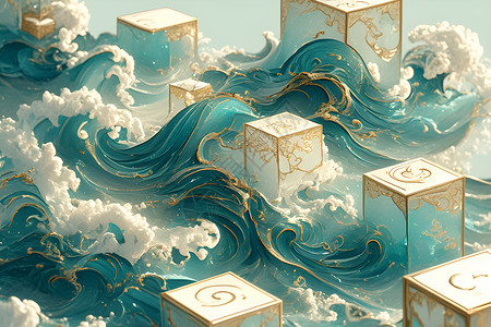 波浪切割平台海浪中的方块插画