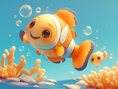 孤独小丑鱼梦幻水中漂浮的小丑鱼插画