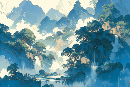 仙境山川瀑布画卷高清图片