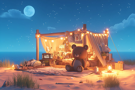 可爱的小屋与小熊背景图片