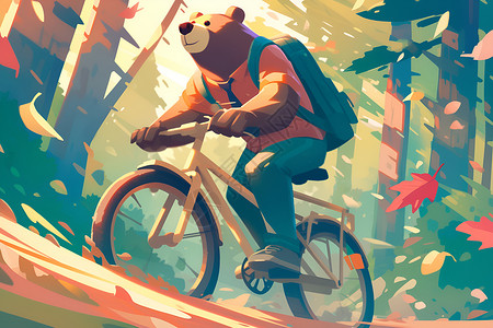 骑着自行车的卡通小熊背景图片