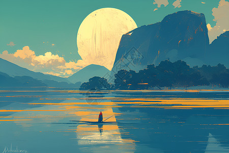 湖面上的月亮湖面上的小船插画