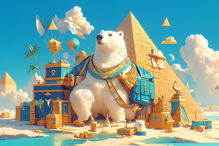 金字塔双子星建筑蓝天下的熊插画
