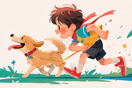 遛狗小男孩一起奔跑的小男孩和狗狗插画