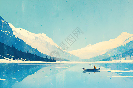 冬季湖水冬日寂静湖面上孤舟插画