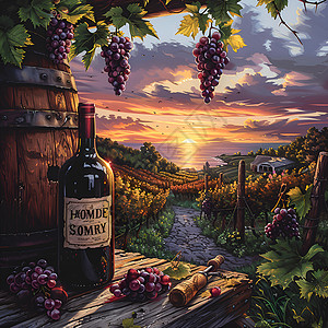 葡萄酒酒桶阳光下的葡萄庄园插画