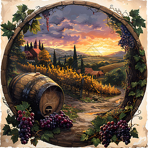 橡木酒桶夕阳下的葡萄园插画