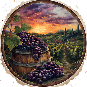 葡萄酒酒桶葡萄酒桶上的葡萄插画