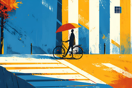 雨中骑行的男子撑着伞插画
