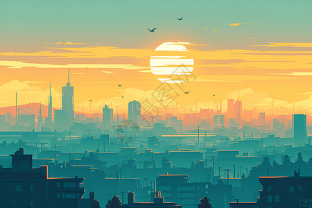 城市落日落日下的城市插画