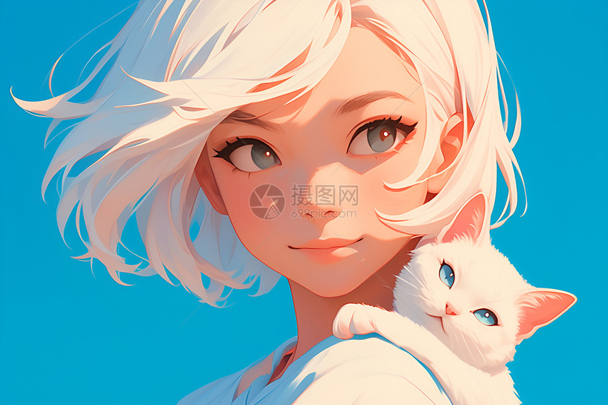 绘画的白猫与女孩图片