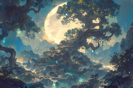山林夜幕下的明月背景图片
