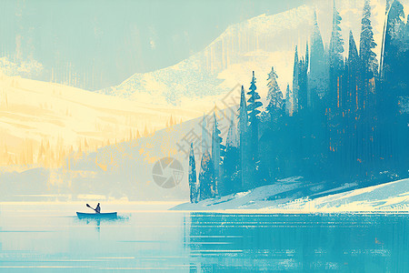 冬季湖水冬日寂静的湖泊森林插画