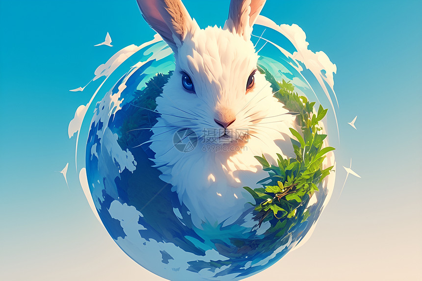 环绕着地球的兔子图片