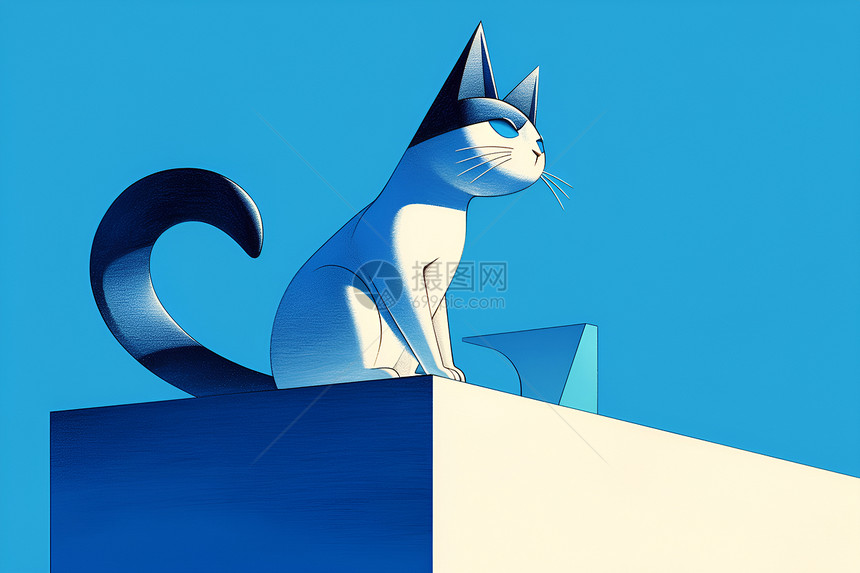 蓝色背景上的简约猫儿图片