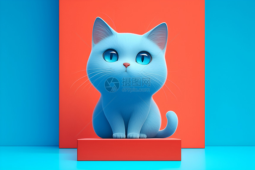 蓝色的猫在立体的红色方块上图片