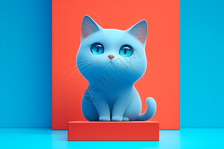 蓝色的猫在立体的红色方块上背景图片