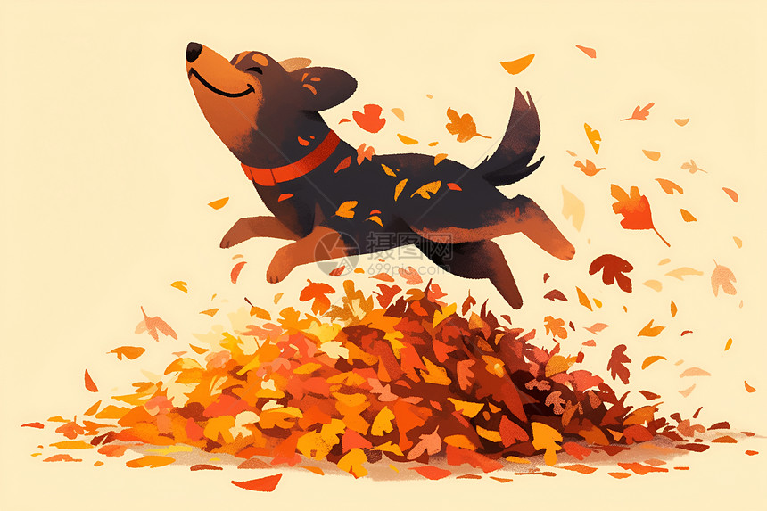 秋叶堆中蹦跳的可爱小狗图片