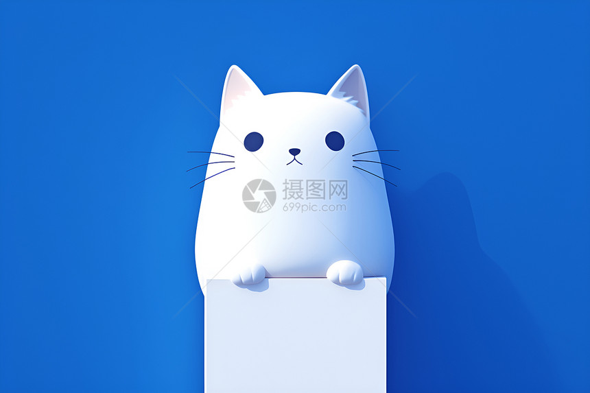 白猫坐在蓝色背景前图片