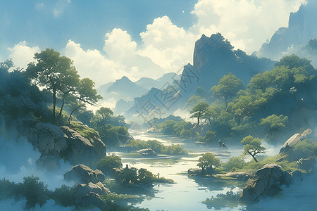 山水河流美景山水如画的美景插画