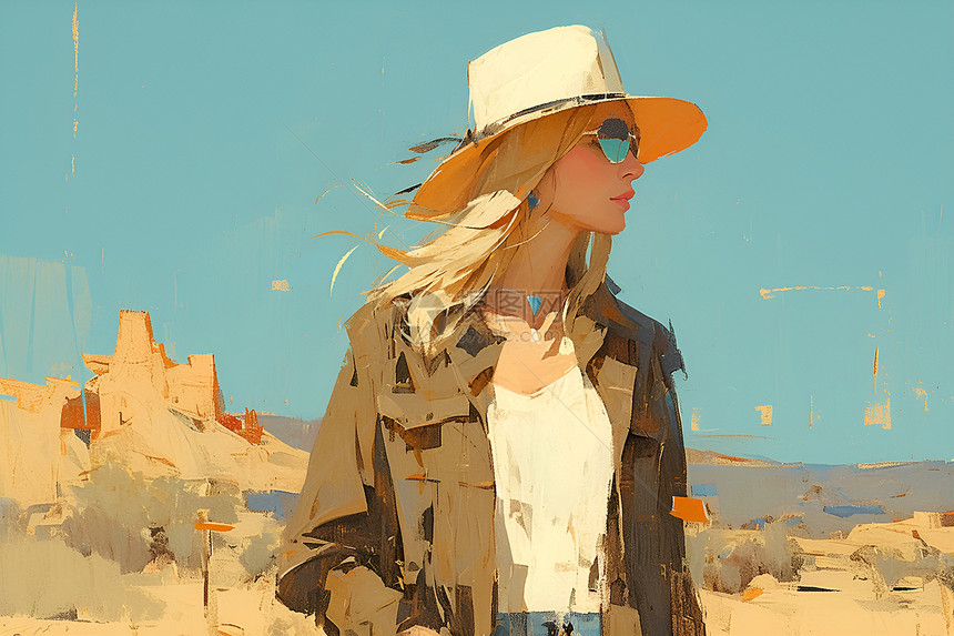 女孩沙漠中漫步图片