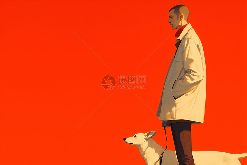 红色背景上的人牵着狗图片