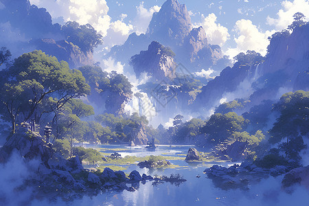 山水河流美景山水自然美景插画