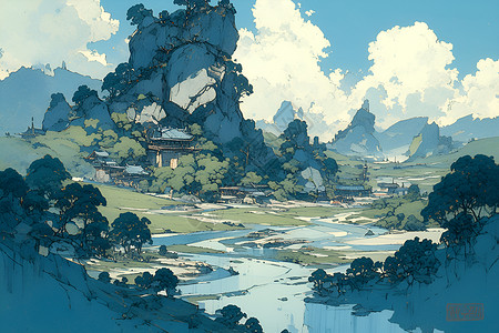 远山流水古风插画背景图片