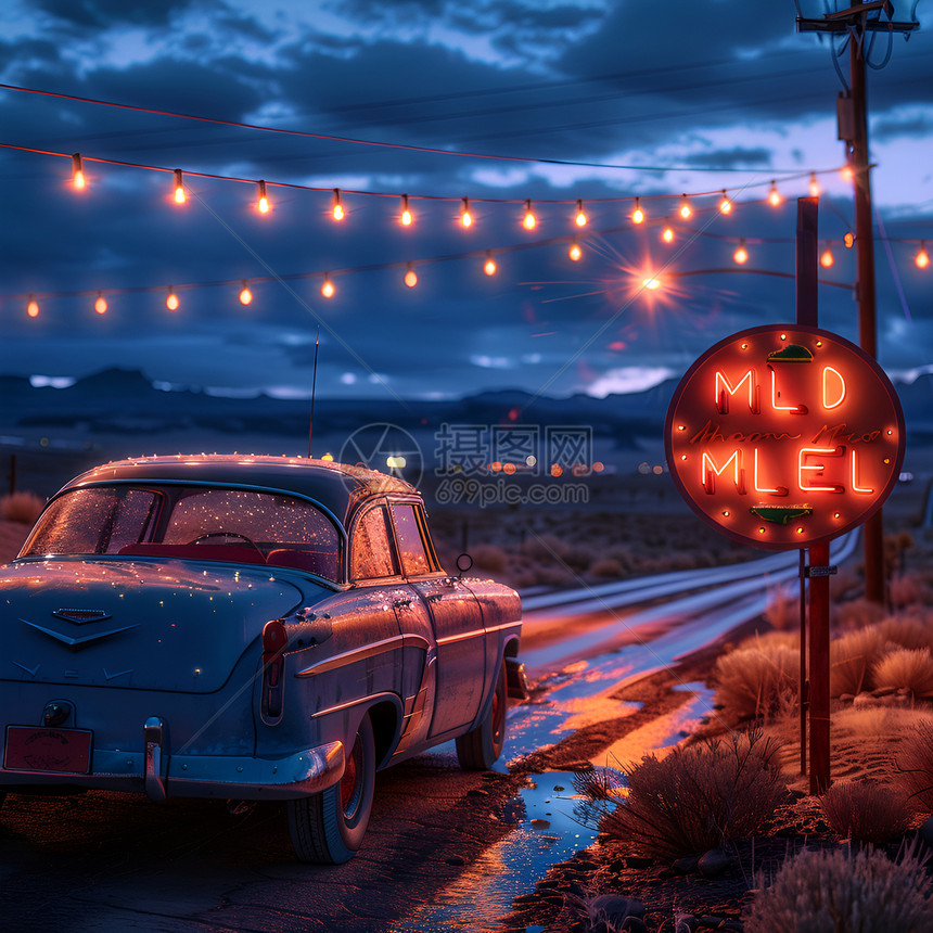 星夜下的复古汽车和霓虹灯图片