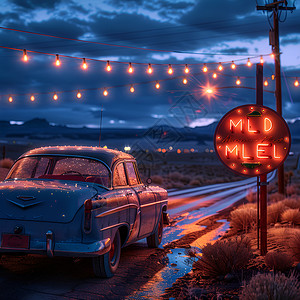 星夜下的复古汽车和霓虹灯背景图片