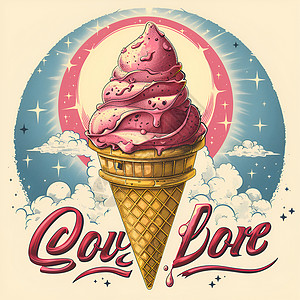 美食探店怀旧风格的冰淇淋店图标插画