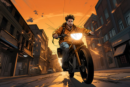 城市骑着摩托车的送货员背景图片
