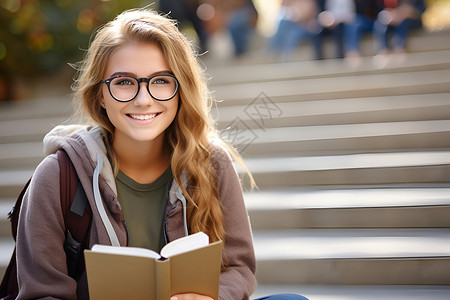 插画夏装女孩拿着书籍的大学生背景