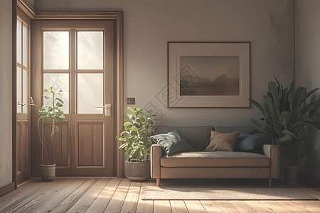 客厅里的木质布艺沙发背景图片