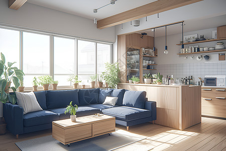 宽敞客厅里的蓝色沙发高清图片