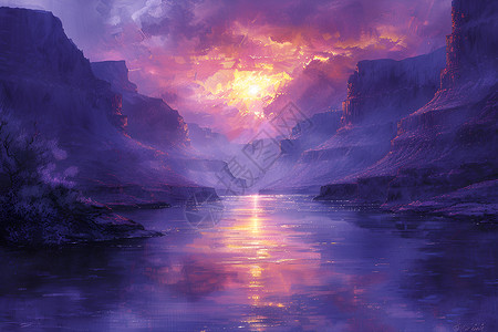 落日下的峡谷河流背景图片