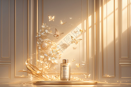 金色展台背景护肤品瓶子上的蝴蝶插画