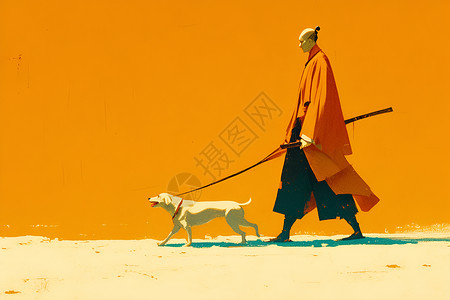 牵着狗散步的日本武士背景图片