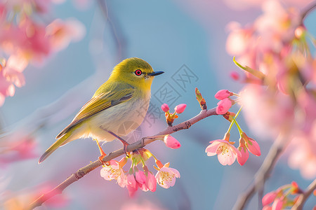 花朵和树枝樱花树上的小鸟背景