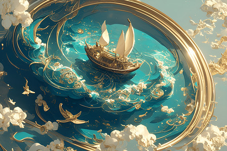 铂金背景海浪上的小船插画