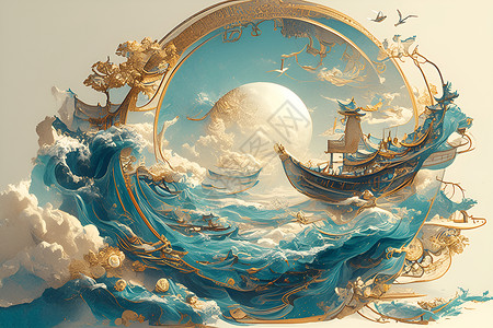 创意海浪海洋上的大船插画