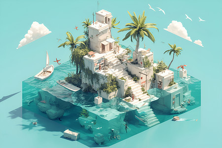 岛上建筑岛上的船屋和棕榈树插画