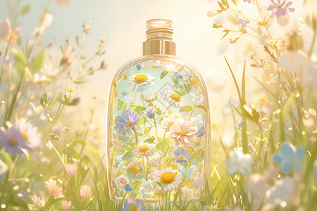 护肤品瓶子精修阳光下的鲜花香水瓶插画