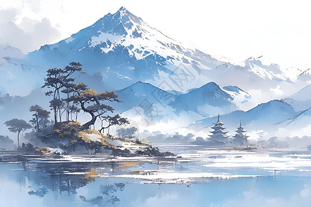 奥尔塔湖景点山川湖树环绕的景点插画