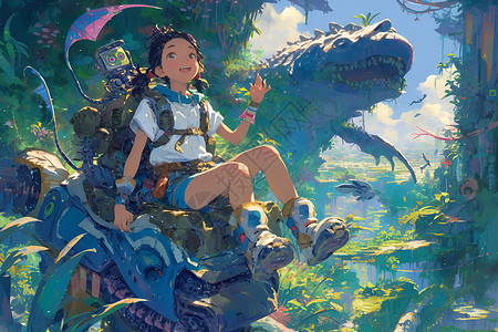机器人和女孩在恐龙丛林里冒险背景图片