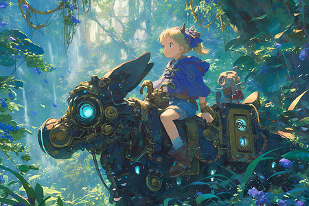女孩骑着机器狗在森林里冒险插画